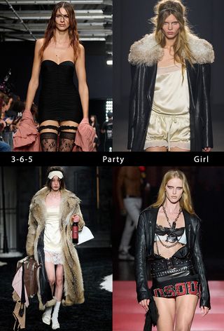 party trends of 2025 shown in a collage of models wearing the brat aesthetic trend in the fall and spring runway collections of Aniye Records, Ann Demeulemeester, DSquared2, Markgong