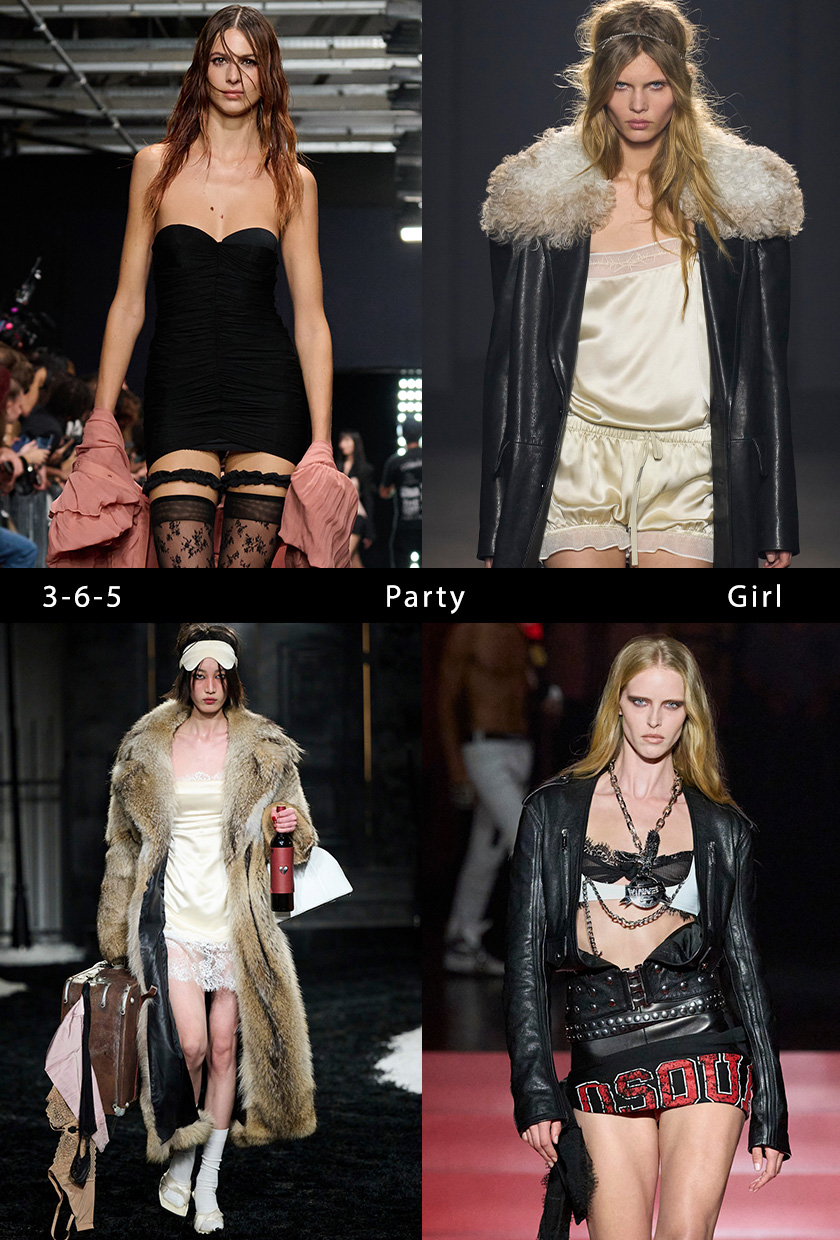 party trends of 2025 shown in a collage of models wearing the brat aesthetic trend  in the fall and spring runway collections of Aniye Records, Ann Demeulemeester, DSquared2, Markgong