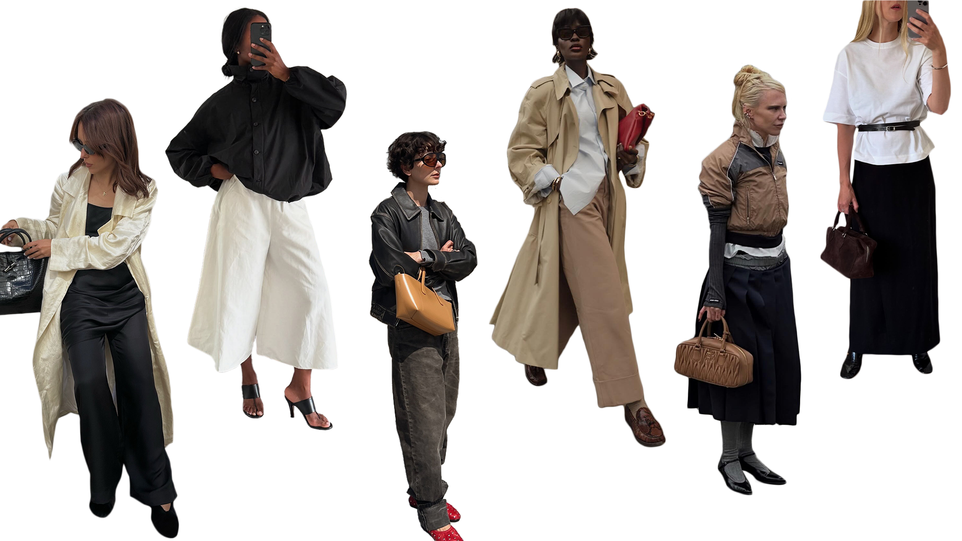 Women wearing stylish fall outfits, including trench coats, A-line skirts, brown bags, wide-leg pants, leather jackets, white tops, flats, and pointed-toe shoes.