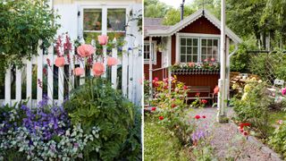 compilation of two images showing cottage garden trends 2023 with picket fences and window boxes