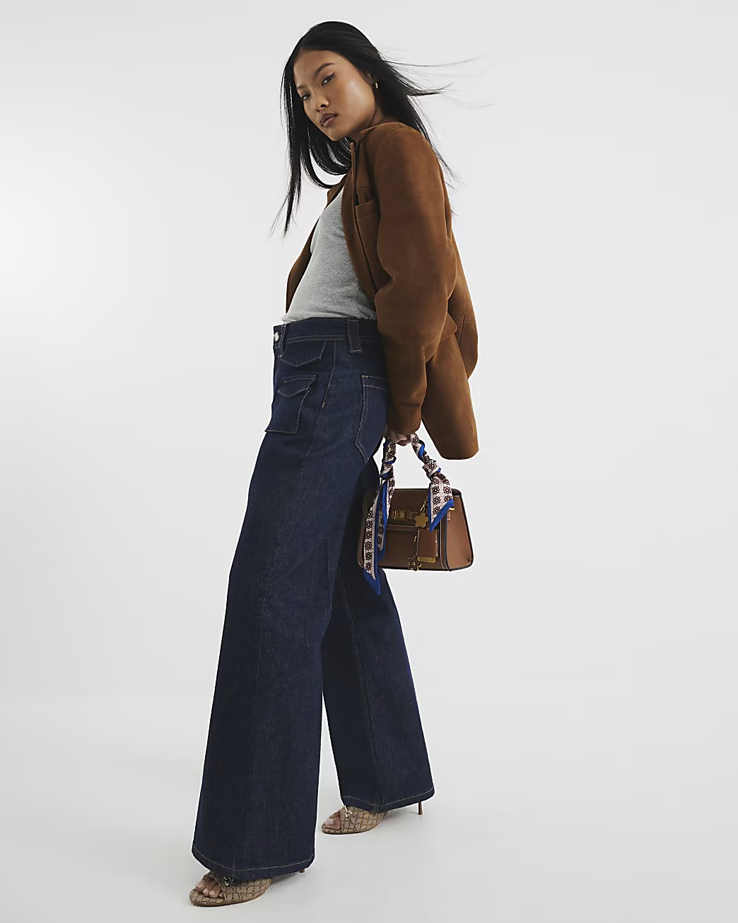 River Island, Petite Blue High Rise Relaxed Flare Jeans