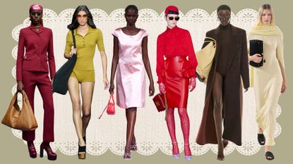 Runway collage of 2025 food color trends featuring merlot red, bubblegum pink, olive green, Mocha Mousse, tomato red, and butter yellow.