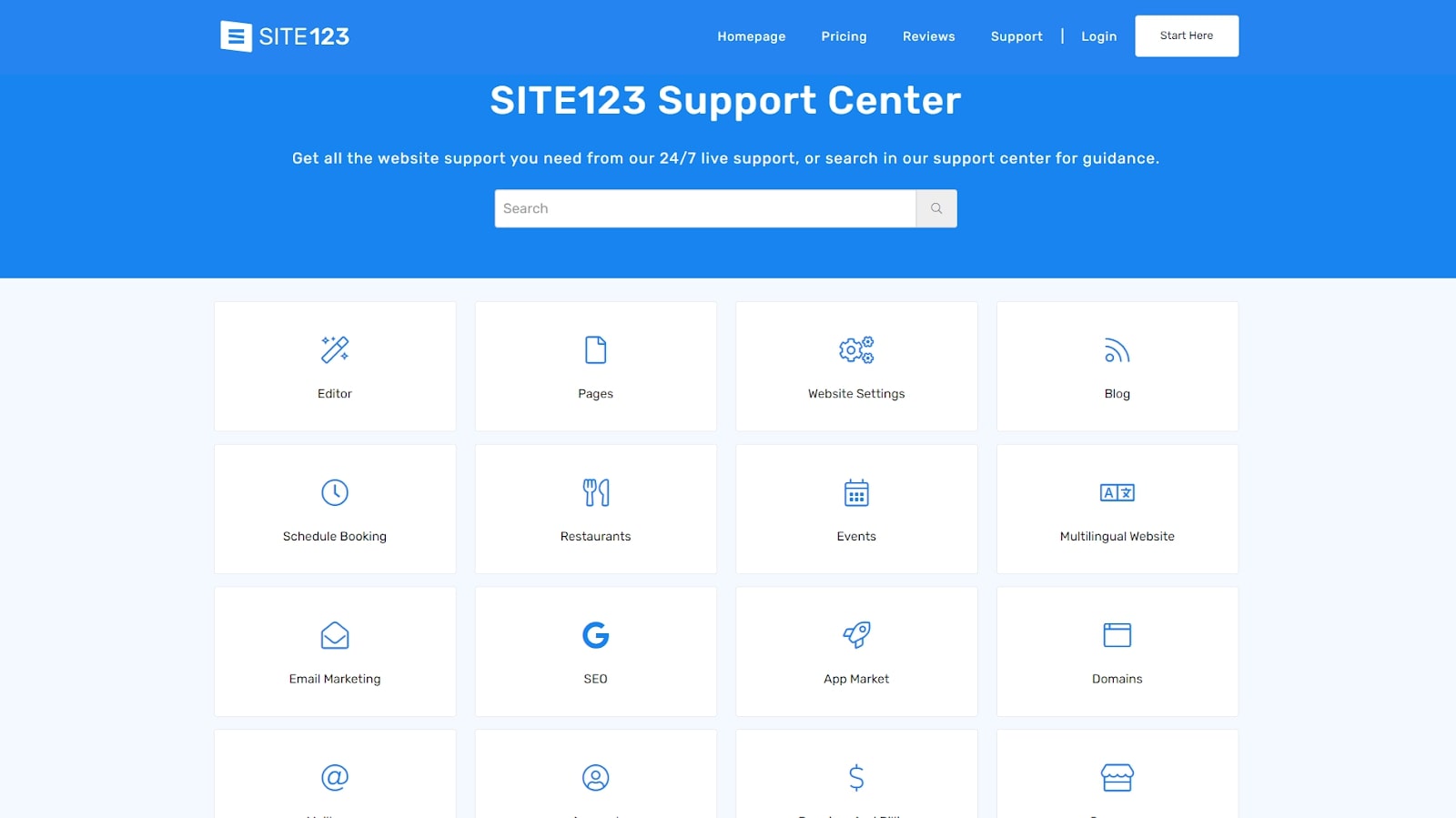 Site123's support center homepage