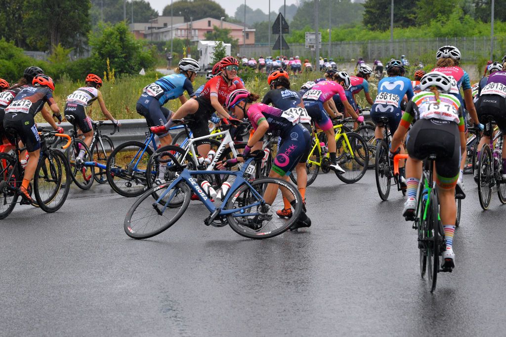 OVADA ITALY JULY 04 Silvia Zanardi of Italy and Team Bepink The Peloton stopped after a crash during the 32nd Giro dItalia Internazionale Femminile 2021 Stage 3 a 135km stage from Casale Monferrato to Ovada GiroDonne UCIWWT on July 04 2021 in Ovada Italy Photo by Luc ClaessenGetty Images