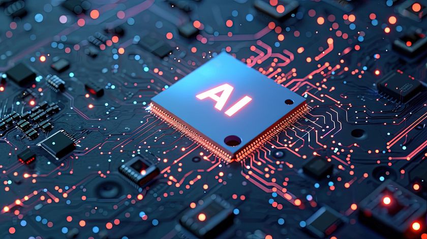 AI chip on a lit circuit board