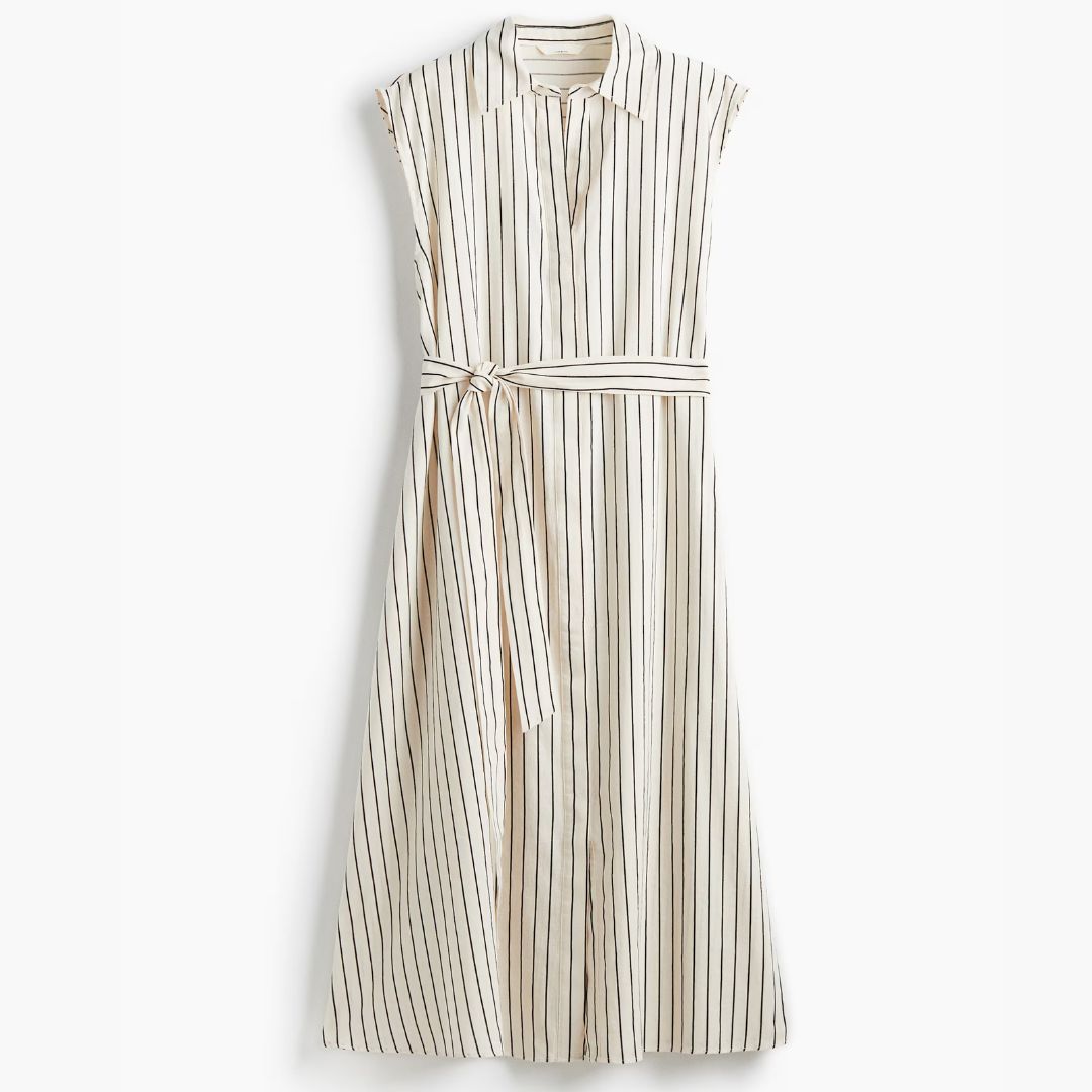 H&amp;amp;M White Stripe Belted Shirt Dress