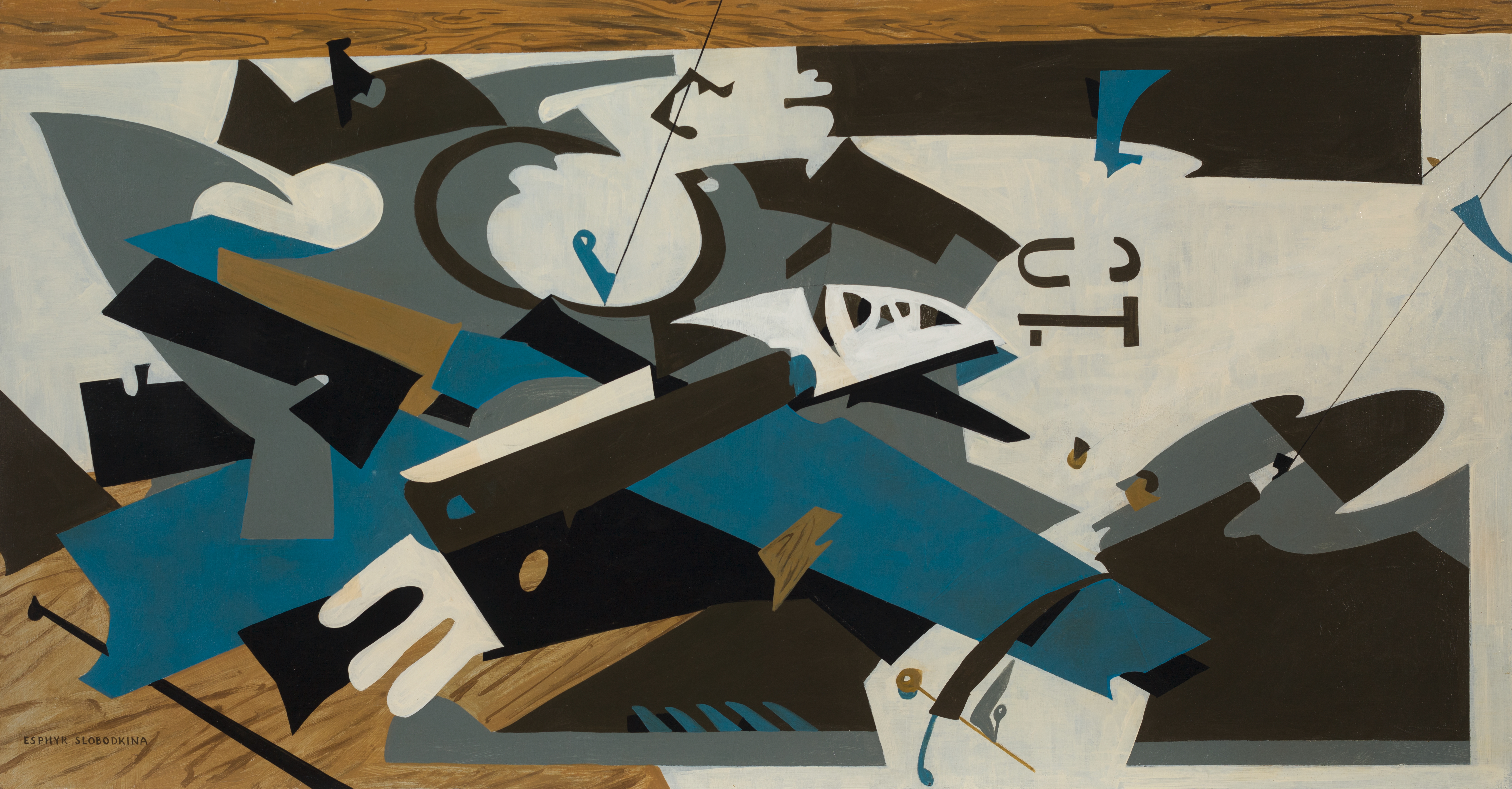 Esphyr Slobodkina&#039;s &amp;quot;Levitator Abstraction,&amp;quot; circa 1950 oil on Masonite framed: 24 3/4 &amp;times; 46 1/2 in.