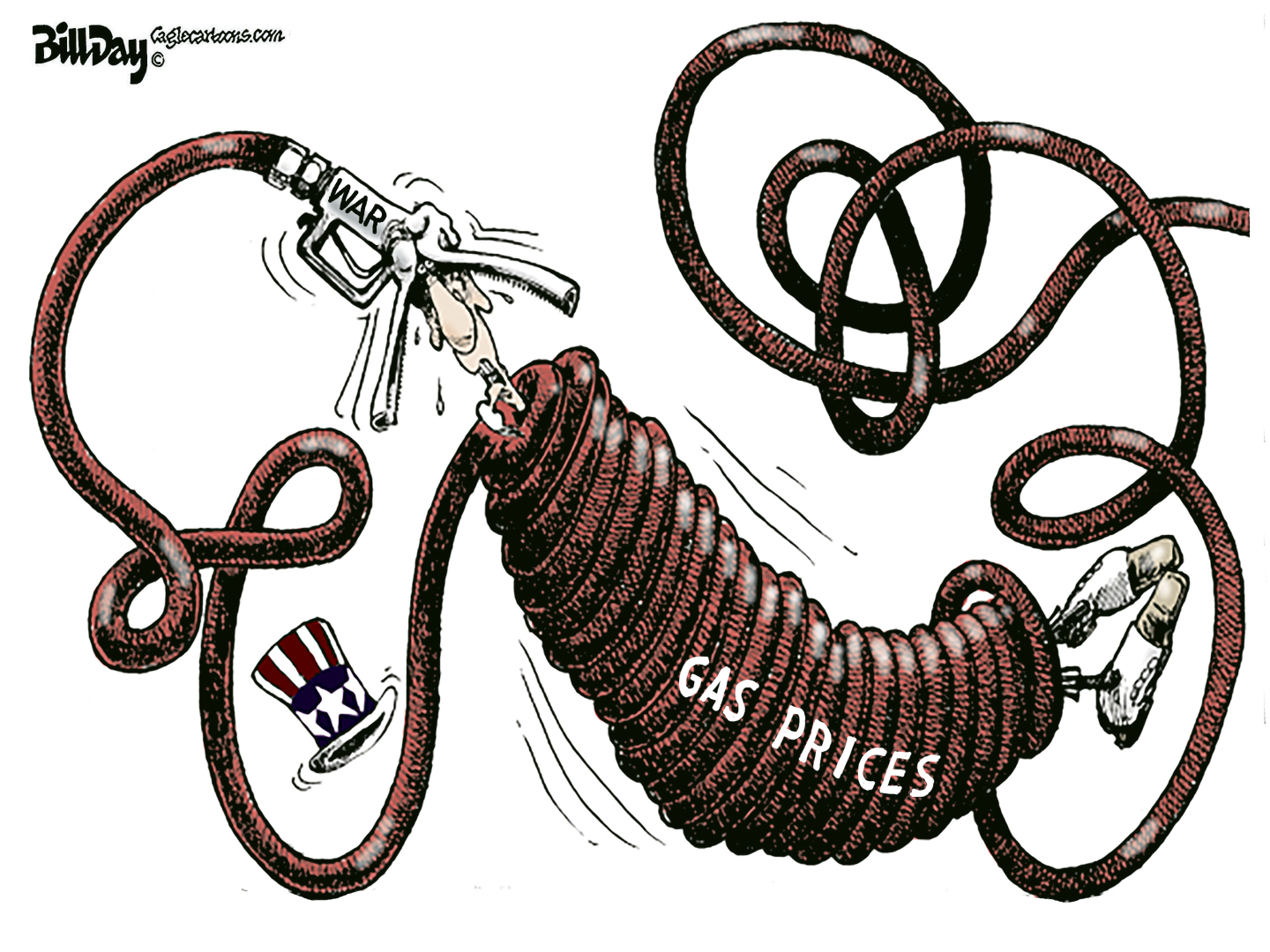 This cartoon depicts Uncle Sam trapped in a tightly-wound gas hose. The hose is labeled &amp;ldquo;Gas Prices&amp;rdquo; and the pump part of the hose, labeled &amp;ldquo;WAR&amp;rdquo; is biting Uncle Sam&amp;rsquo;s head.