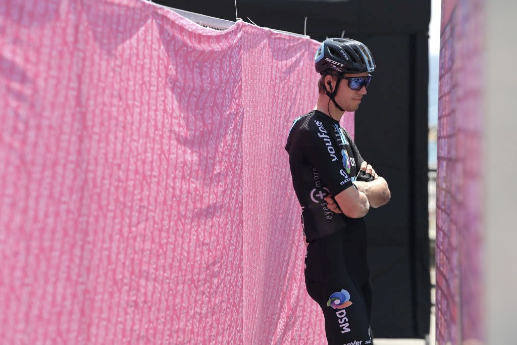 CUNEO, ITALY - MAY 20: Cees Bol of Netherlands and Team DSM in media press area prior to the 105th Giro d&#039;Italia 2022, Stage 13 a 150km stage from Sanremo to Cuneo 547m / #Giro / #WorldTour / on May 20, 2022 in Cuneo, Italy. (Photo by Tim de Waele/Getty Images)