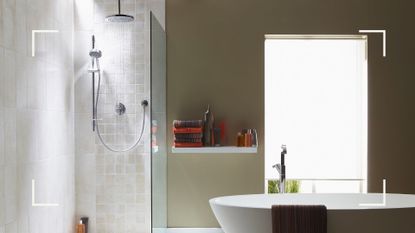 Green bathroom with freestanding bath and shower enclosure with two shower heads used to illustrate woman&home's guide on 'how to clean a shower head'