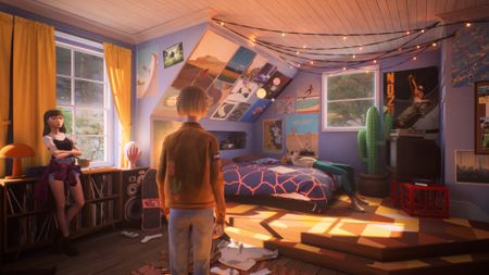 Mixtape protagonists lounge in a sunlit bedroom with purple walls and fairy lights