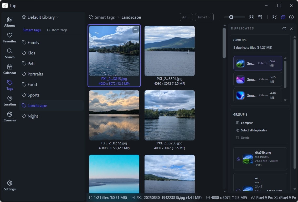 A photo management software interface showing landscape images with various water scenes. Sidebar includes album categories and duplicate finder tool.