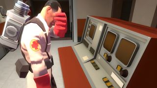 Medic from TF2 facepalms at a computer.