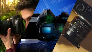 A composite image of a Canon EOS 6D Mark II camera with an Irix lens, a concept Canon camera illustration and a Leica M EV1