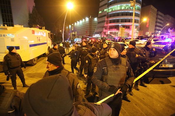 Police outside the Ankara art gallery where the Russian ambassador to Turkey was killed Monday.