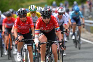 VILLARCAYO SPAIN MAY 21 Olga Zabelinskaya of Uzbekistan and Cogeas Mettler Look Pro Cycling Team during the 6th Vuelta A Burgos Feminas 2021 Stage 2 a 97km stage from Pedrosa de Valdeporres to Villarcayo VueltaBurgos BurgosFem UCIWWT on May 21 2021 in Villarcayo Spain Photo by Luc ClaessenGetty Images