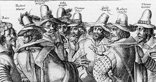 An illustration of Guy Fawkes and the other members of the Gunpowder Plot