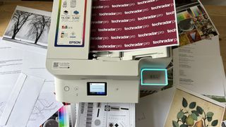 The Epson EcoTank ET-4950 series ink tank printer undergoing testing in a home office during our review process