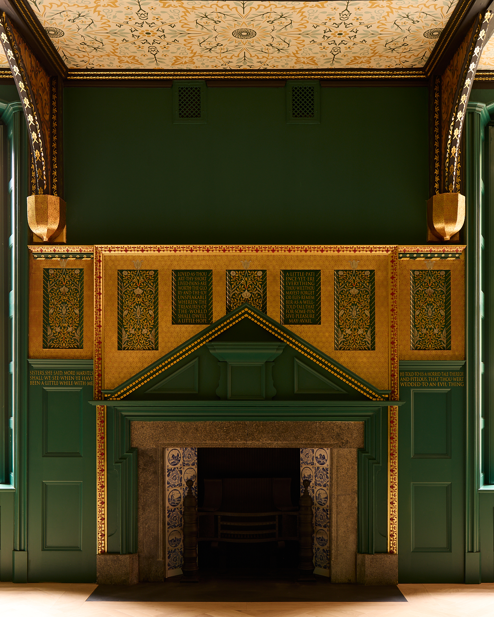 Victoria Stone supplied a new fireplace for the room and the gold leaf and orange details were painted by Brittain &amp;amp; Co