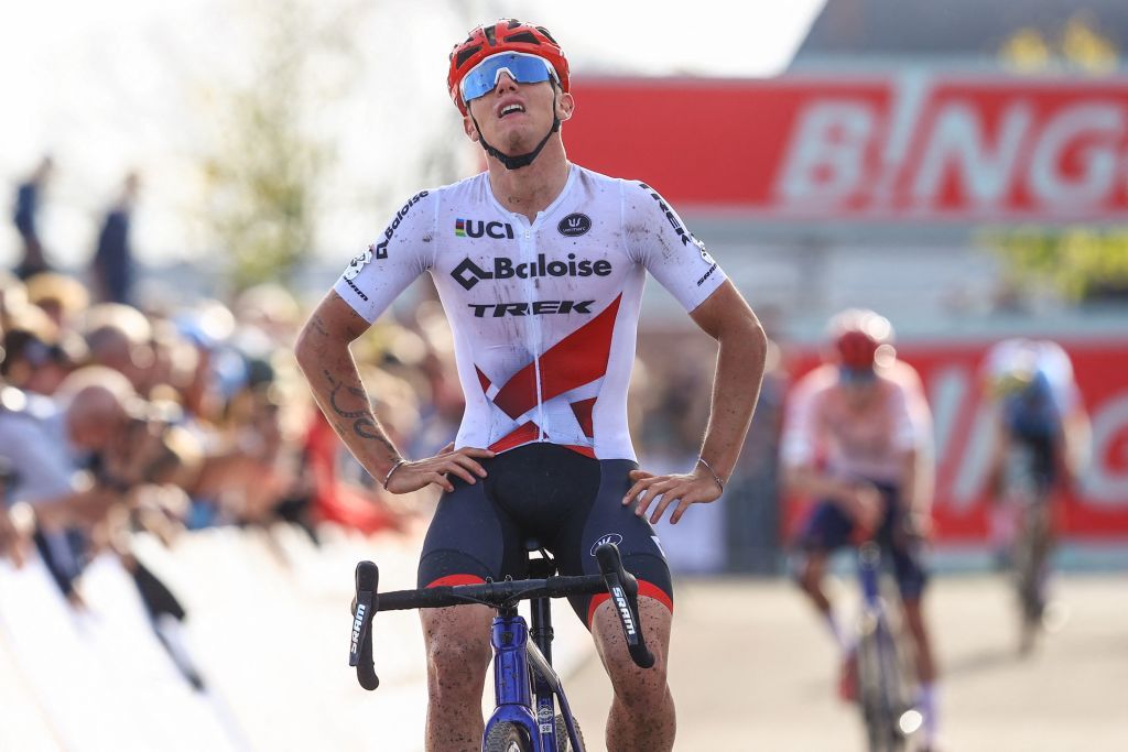 Belgian Thibau Nys celebrates as he crosses the finish line to win the mens U23 race at the World Cup cyclocross cycling event in Maasmechelen Belgium stage 4 out of 14 of the UCI World Cup cyclocross competition Sunday 30 October 2022 BELGA PHOTO DAVID PINTENS Photo by DAVID PINTENS BELGA MAG Belga via AFP Photo by DAVID PINTENSBELGA MAGAFP via Getty Images