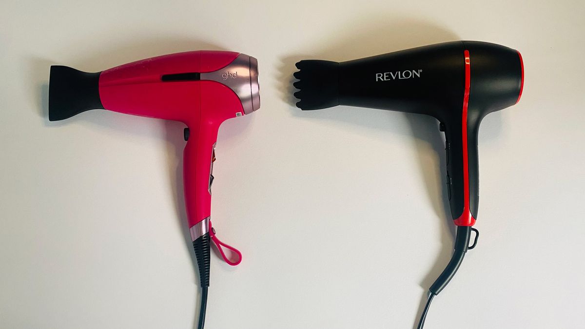 Revlon SmoothStay Coconut-Oil Infused Hair Dryer next to a GHD Helios