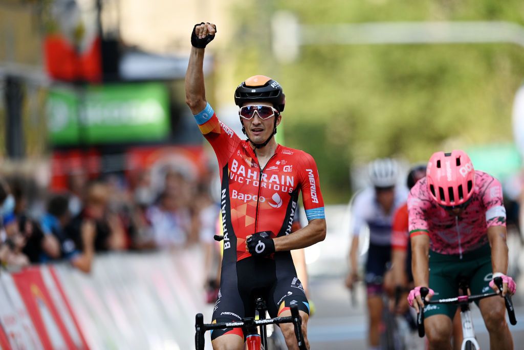 STUTTGART GERMANY AUGUST 28 Pello Bilbao Lpez of Spain and Team Bahrain Victorious celebrates at finish line as stage winner during the 37th Deutschland Tour 2022 Stage 4 a 1866km stage from Schiltach to Stuttgart DeineTour on August 28 2022 in Stuttgart Germany Photo by Stuart FranklinGetty Images