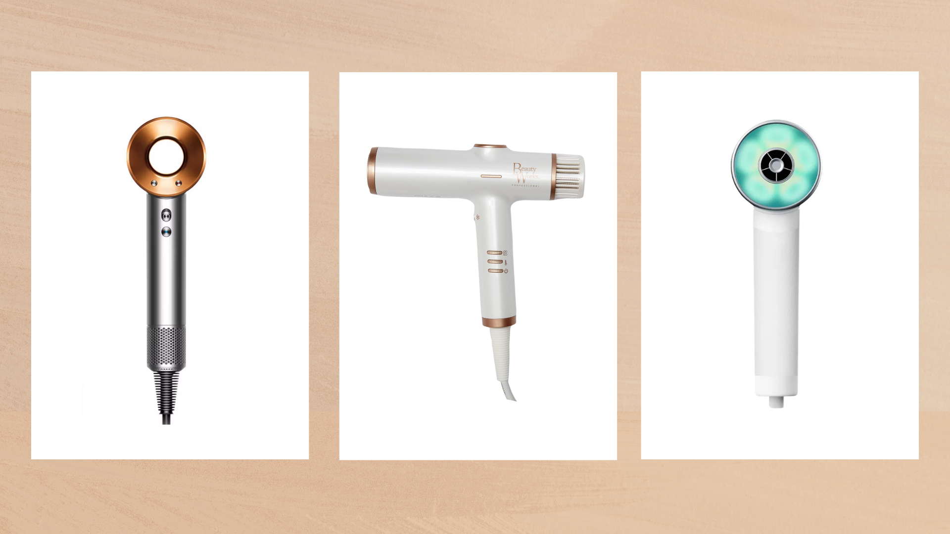 Collage of three of the quiet hair dryers featured in this guide from (left to right) Dyson, Beauty Works and Zuvi, set against a warm beige background