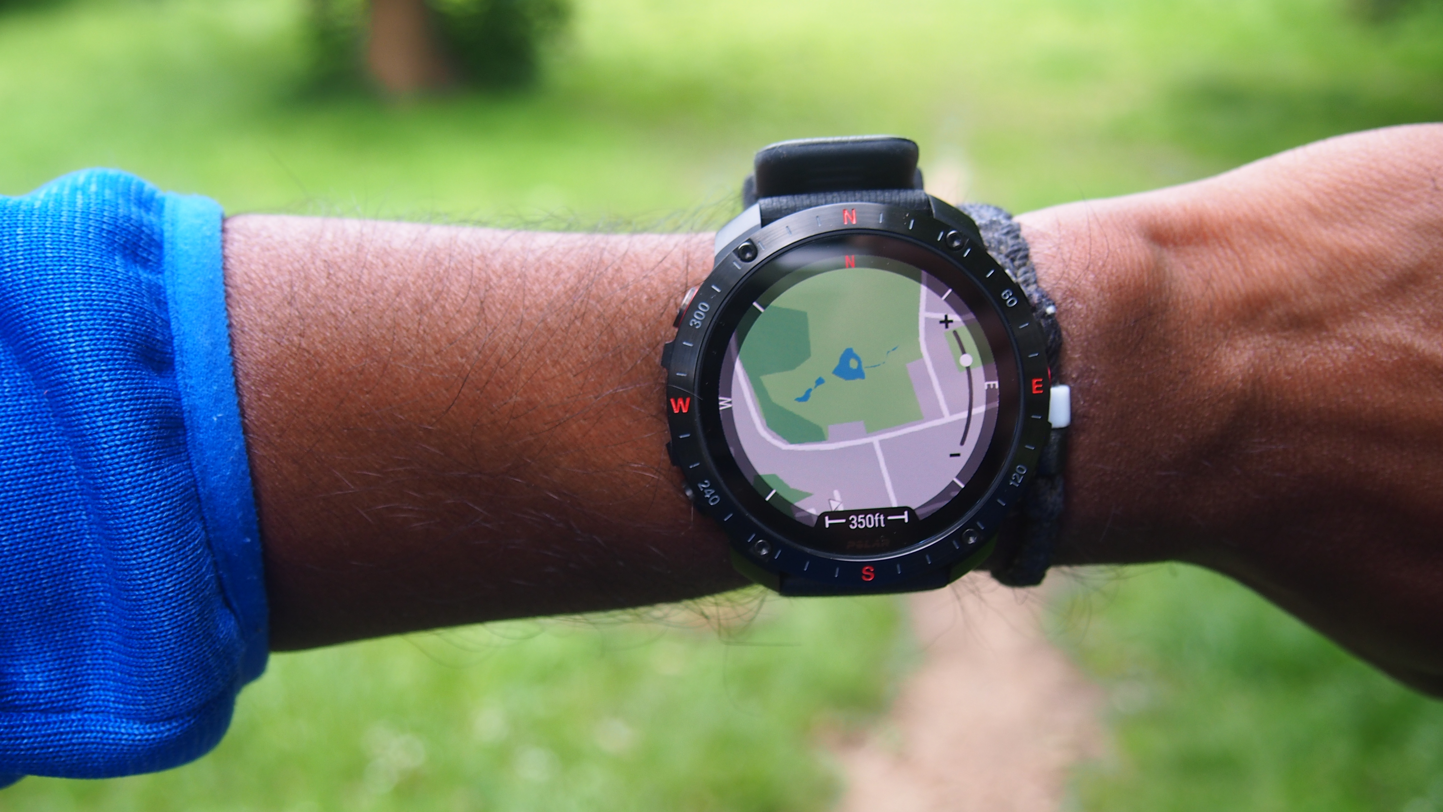 Polar Grit X2 Pro watch on the wrist showing offline maps