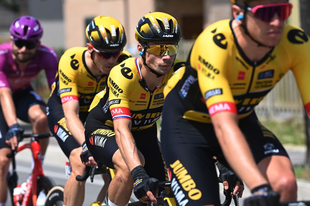 SAN SALVO ITALY MAY 07 Primoz Roglic of Slovenia and Team JumboVisma competes during the 106th Giro dItalia 2023 Stage 2 a 202km stage from Teramo to San Salvo UCIWT on May 07 2023 in San Salvo Italy Photo by Tim de WaeleGetty Images