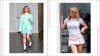 Sydney Sweeney wearing a green and a pink mini skirt