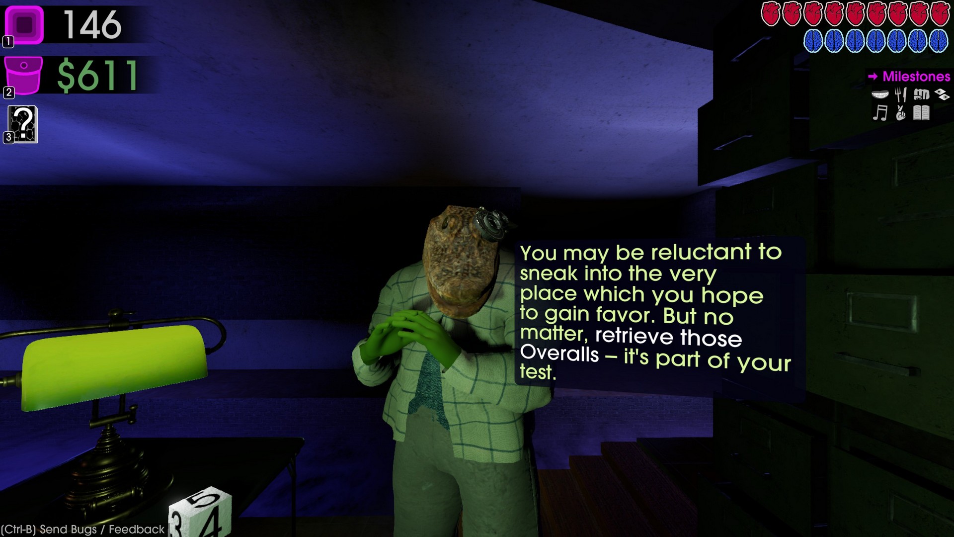 A crocodile in a suit tasks you with sneaking into an area to steal back some overalls in Moves of the Diamond Hand