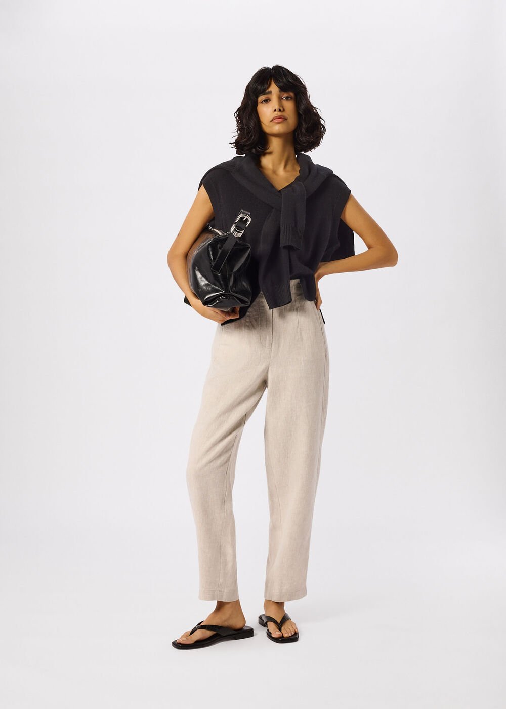 Oatmeal Petite Linen Barrel Leg Trouser