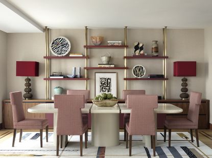 Pink dining chairs, dark pink shelves