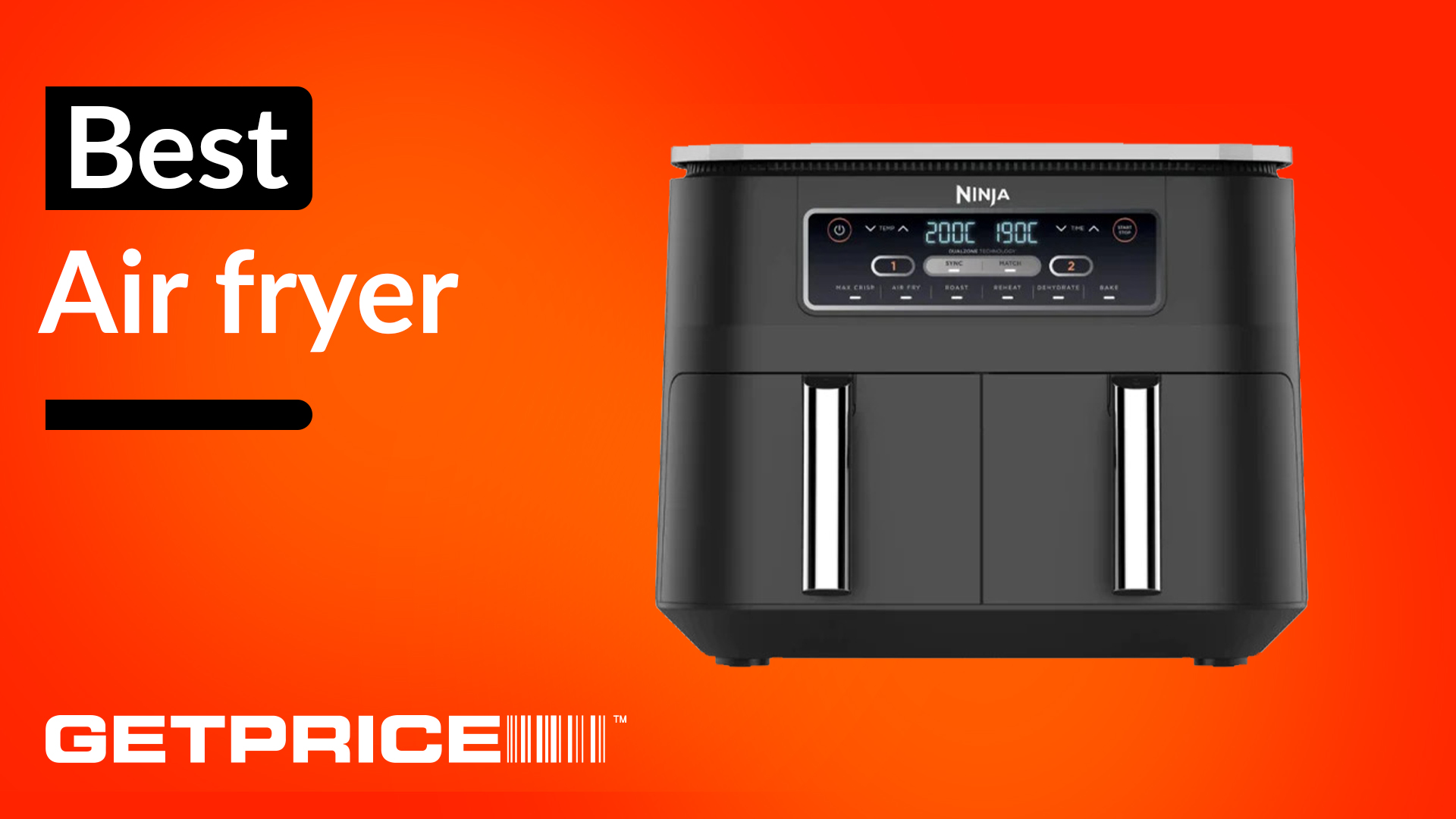 A Ninja Foodi Dual Zone AF300 air fryer on an orange background with the words Best Air Fryer