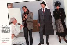 A 1983 Dior campaign by Richard Avedon featuring a sitting Andy Warhol in a light coloured outfit, André Gregory and Vincent Vallarino in suits and Kelly Le Brock in a fur coat and black net headpiece