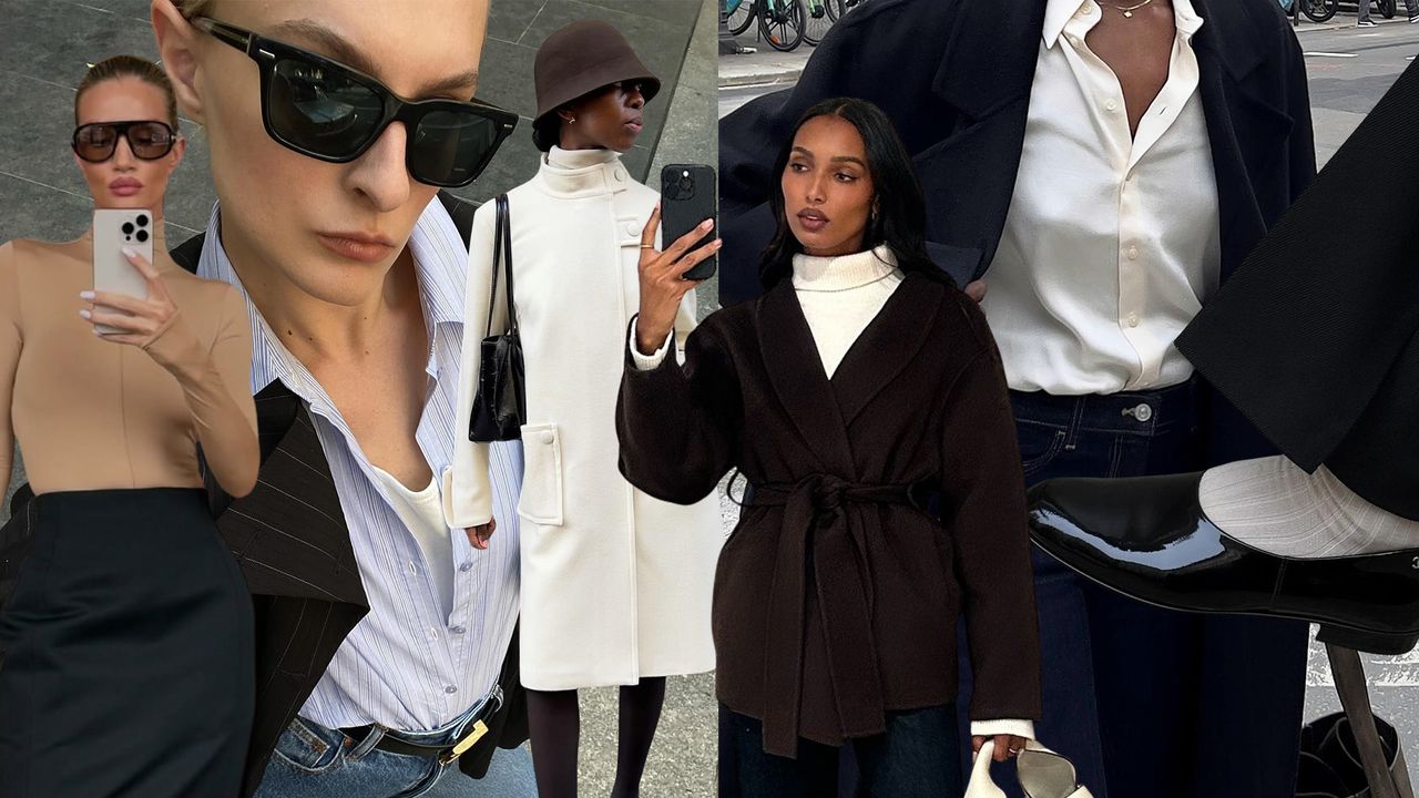 Collage of stylish women wearing simple, elegant, basic clothing in a neutral black-and-white color palette.