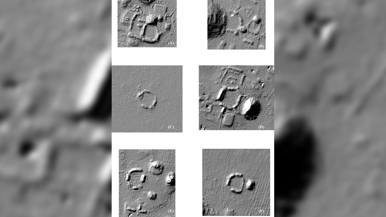 Lidar images of early Puuc civic complexes, including at (A) Kiuic, (B) Huntichmul, (D) Tabi-Xunantunich and other Maya communities.