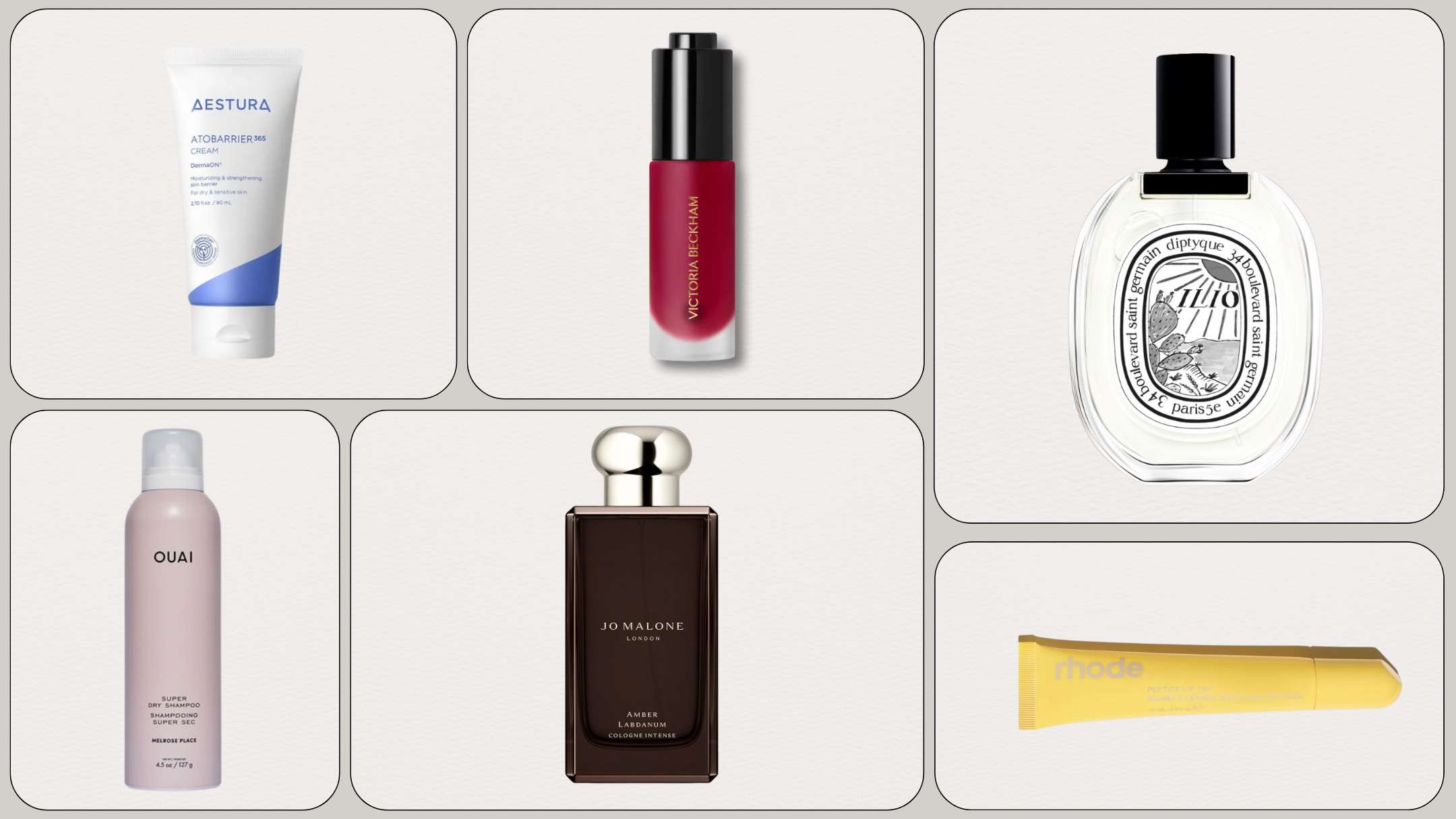 Graphic of the best new beauty products of the month with products from Diptyque, Jo Malone London, Ouai, Rhode, Victoria Beckham Beauty and Aestura