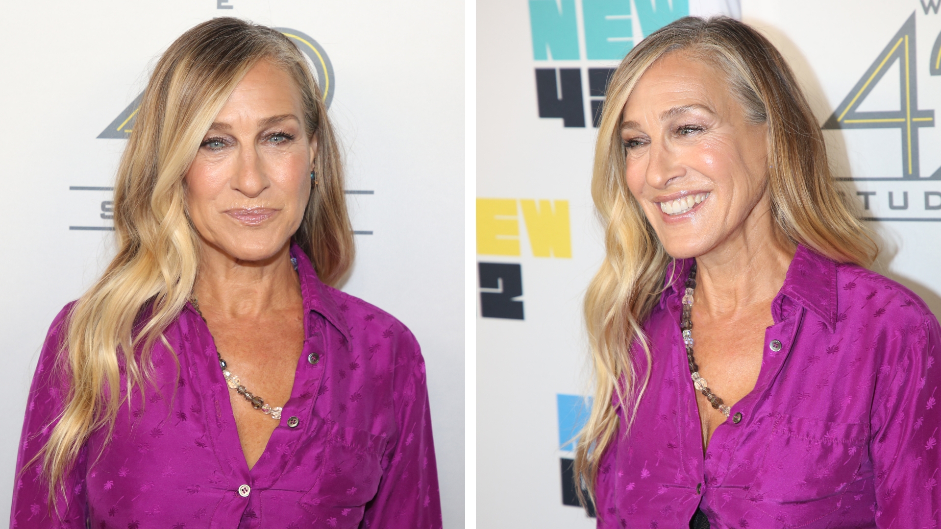 Collage of photos showing Sarah Jessica Parker smiling at the camera with long blonde balayaged curly hair and a side parting tucked behind one shoulder, wearing a purple shirt