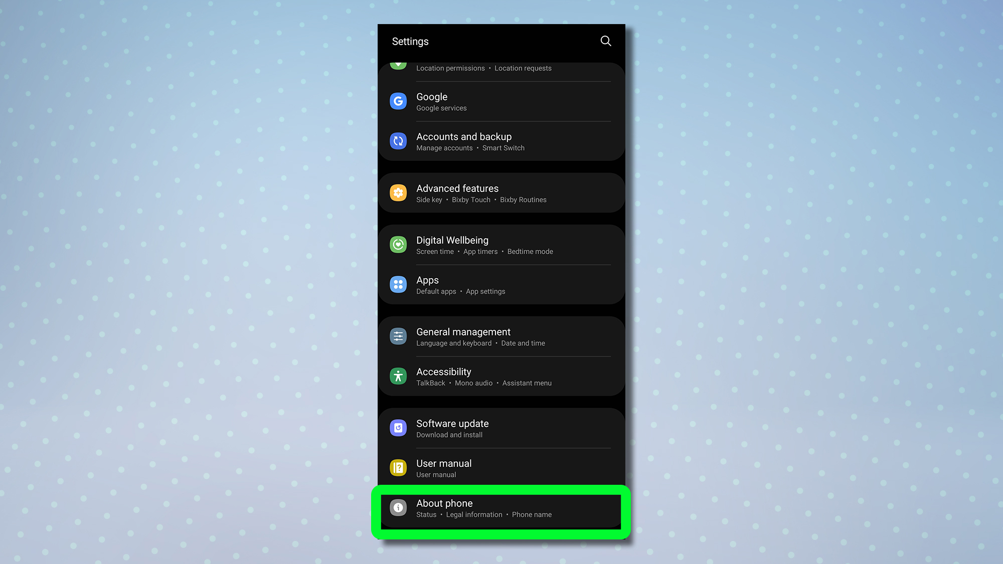 Снимок экрана, показывающий меню настроек Android