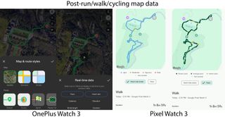 Comparing map data generated from walks, runs, and cycling by a OnePlus Watch 3 and a Google Pixel Watch 3