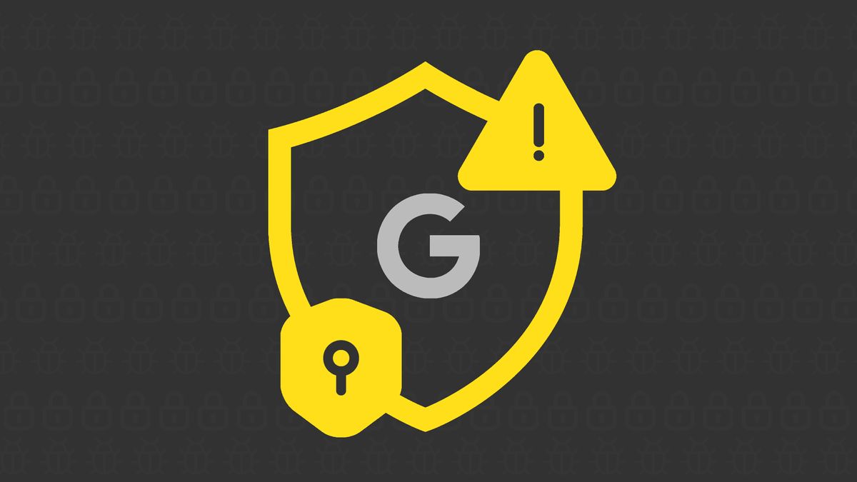 Google&amp;#039;s G logo inside a yellow shield with key and exclamation mark symbols denoting security