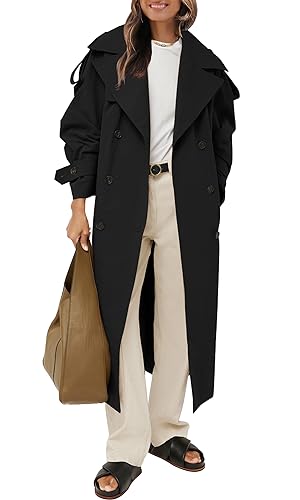 Farktop Womens Oversized Long Trench Coat Double Breasted Lapel Windproof Overcoat With Belt