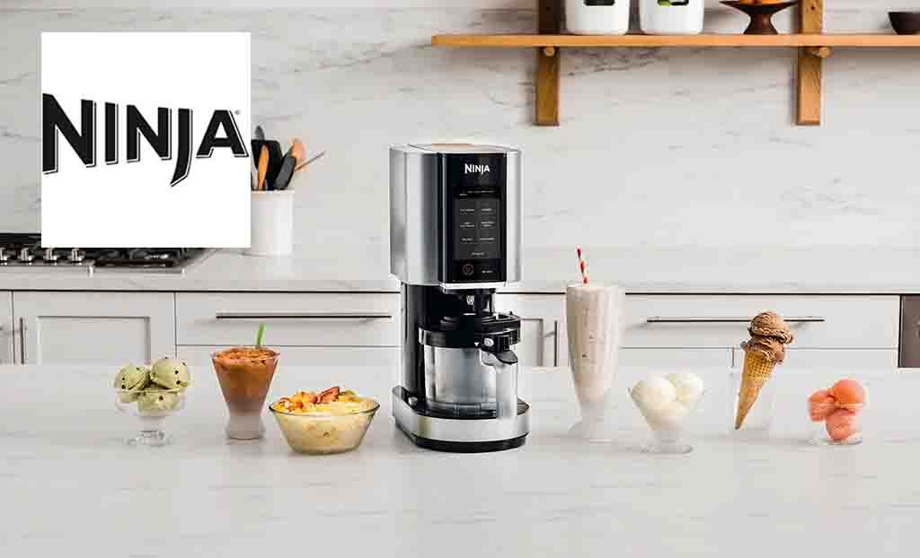 Ninja kitchen logo placed over a ninja product that makes ice cream and milkshakes