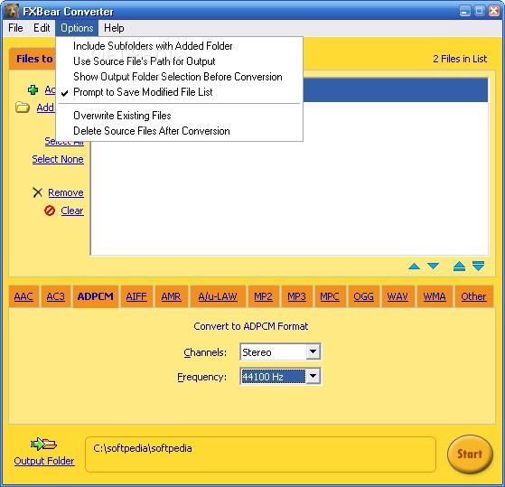 FXBear Audio Converter Image: File conversion menu with Options menu.