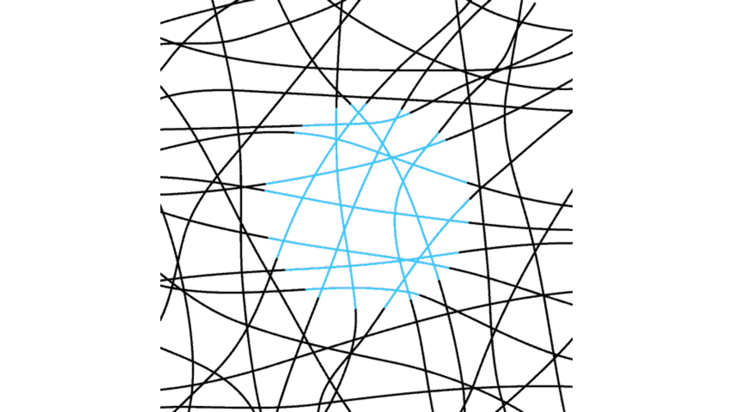 An example of the neon color spreading illusion. Lots of haphazard black lines appear against a white background. In the centre of the image is a blue patch in the shape of a circle.
