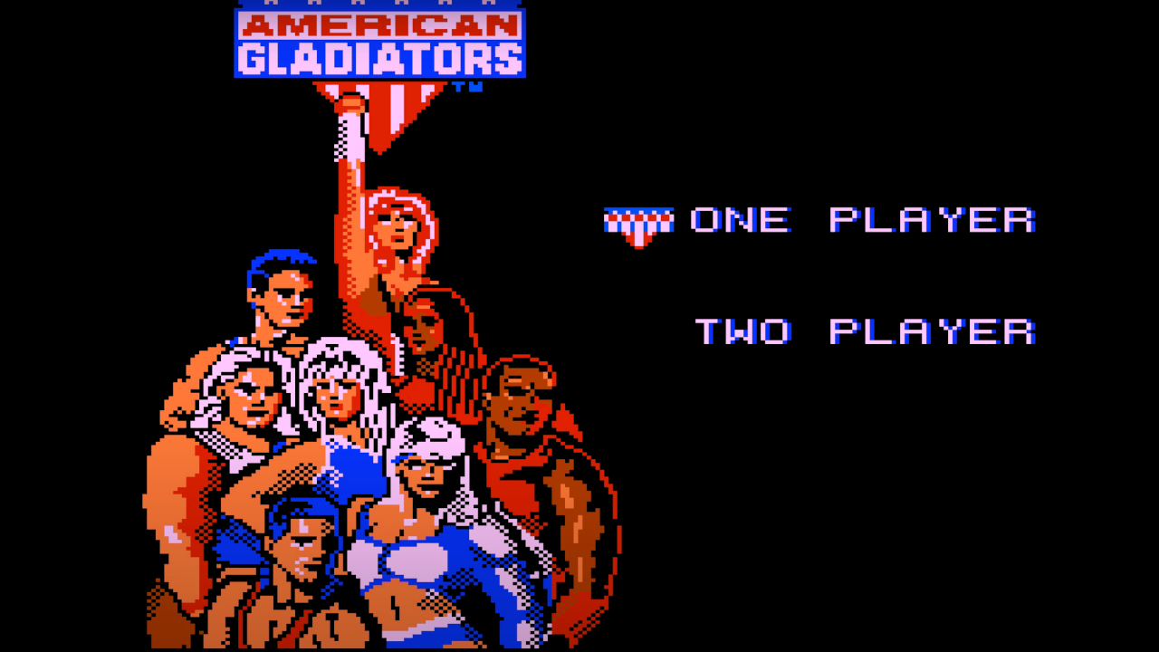 The start menu for the NES version of the American Gladiators game.