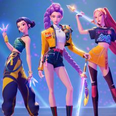 Three women pose while holding weapons, in the animated movie 'KPop Demon Hunters'.