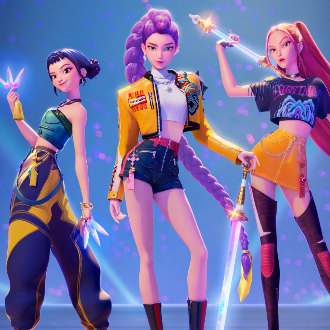 Three women pose while holding weapons, in the animated movie &#039;KPop Demon Hunters&#039;.