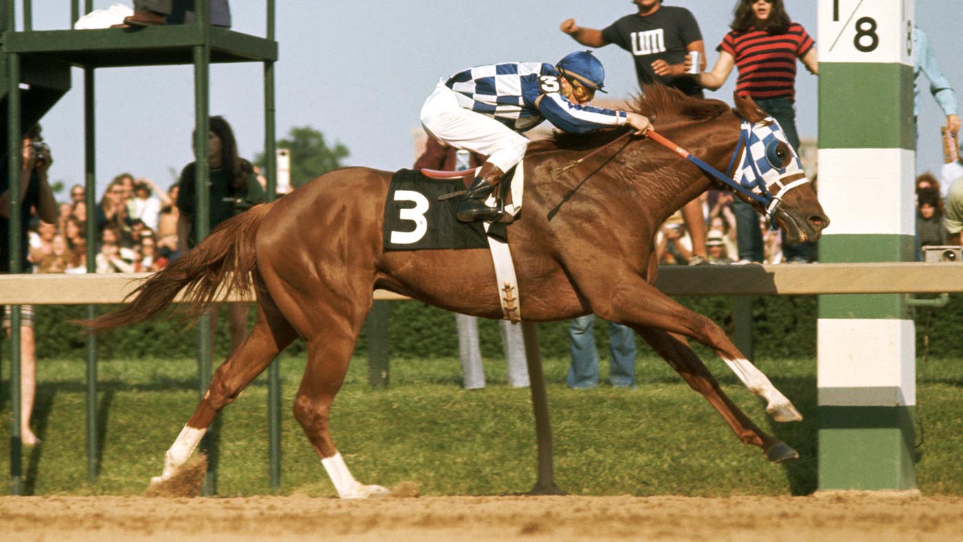 Secretariat crosses the finish line and wins the Preakness Stakes, the second leg of the Triple Crown, at the Pimlico Racetrack. The Triple Crown award consists of winning the Kentucky Derby, the Preakness Stakes, and the Belmont Stakes. Secretariat and Turcotte would go on to win the Belmont Stakes, becoming the first Triple Crown winner since Citation in 1948. (Photo by Jerry Cooke/Corbis via Getty Images)